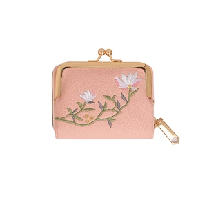Mini light pink wallet with floral embroidery and golden heart zipper for women