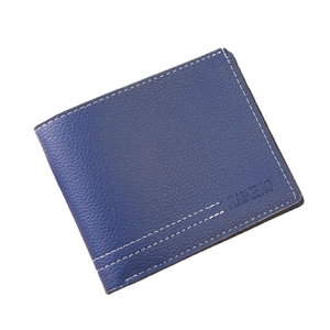 Men's bifold wallet in dark blue lychee pattern leather with white double stitching