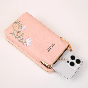 Pink litchi texture phone crossbody bag with floral embroidery and metal clasp