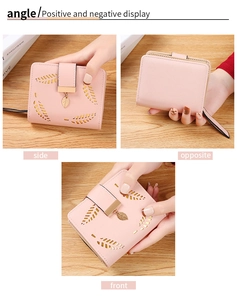 Pink PU leather short wallet with leaf cutout design and leaf metal pendant detail