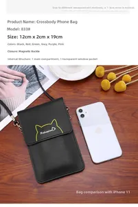 Detailansicht der Maße 12x19cm und des transparenten Touchscreen-Handyfaches der Tasche