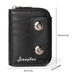 Detail of compact black PU leather wallet with dual snap buttons and top zipper closure