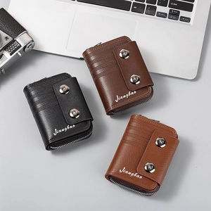 Three men's textured leather wallets in black and brown with secure zipper and snap buttons