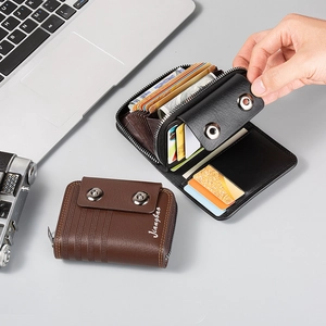 Men's leather accordion wallet with multi-card slots and secure zipper in coffee and black