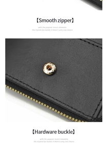 Gros plan sur la boucle en métal doré et le zip d'un portefeuille en cuir noir