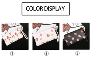 Detailed view of women's zip wallets with cherry, strawberry, and lip prints