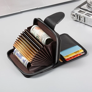 Men's black leather accordion card wallet with multi-slots and zip closure for business