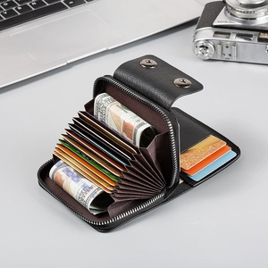Black leather accordion wallet for men with multi-card slots and secure zipper closure