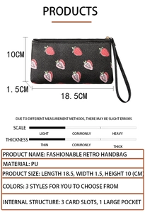 Detailed specs of the vintage black PU leather wallet with strawberry pattern and size chart