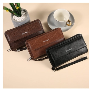 Detailed view of large capacity business clutch wallets in black, dark and light brown leather