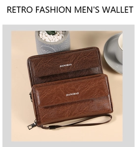 Detailed close-up of retro brown leather men's long wallets with zipper and wrist strap