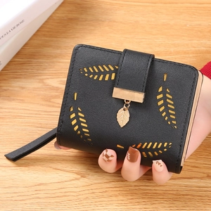 Women Short Bifold Wallet PU Leather Leaf Hollow Design Metal Leaf Pendant Zipper Pocket Card Holder Elegant Purse