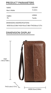 Detailed size specifications for men's PU leather long wallet with wrist strap