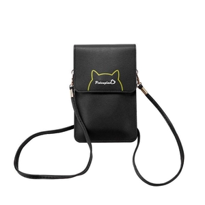 Minimalist black leather phone crossbody bag with yellow cat ear design and thin strap