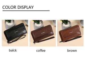 Three men's zip wallets in black, coffee, and brown leather with wrist straps