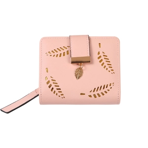Short pink women wallet with hollow leaf design and gold leaf pendant in bifold style