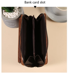Detailed view of brown wallet interior featuring multiple card slots and zipper compartment