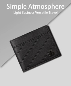 Detail of black leather men's wallet with lychee texture and metallic 'B' logo accent