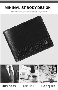 Détail du portefeuille en cuir noir à texture litchi et motifs géométriques embossés