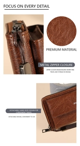 Detail of retro brown leather wallet featuring metal zipper and detachable hand strap