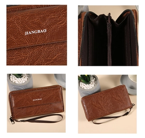 Detail view of brown leather wallet with multiple card slots and secure wrist strap
