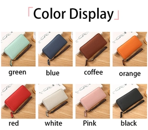 Eight colors of long PU ostrich texture wallets displayed in a grid for color selection