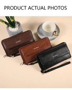 Three men's long zip wallets in coffee, caramel, and black with pebbled leather texture