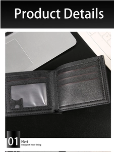 Detailed view of the black bifold leather wallet with multiple card slots and clear ID window