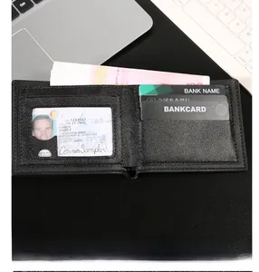Detail of bifold leather wallet interior with card slots and transparent ID window