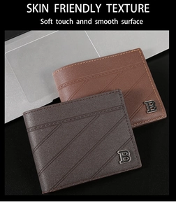 Detail of vintage men's bifold wallet with diagonal texture and silver metal B logo