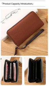 Ostrich texture long wallet interior showing multiple card slots and phone storage