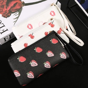 Retro PU leather zipper wallets with cherry and strawberry prints and wrist straps