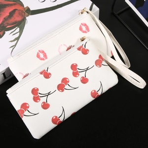 Classic white cherry print PU leather wallet set with gold zippers and wristlet