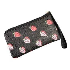 Classic black strawberry print wallet with zipper closure and convenient wrist strap