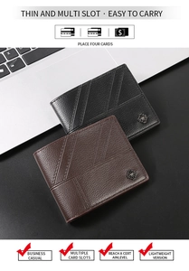 Detail view of slim bi-fold wallet featuring card slots and textured leather finish