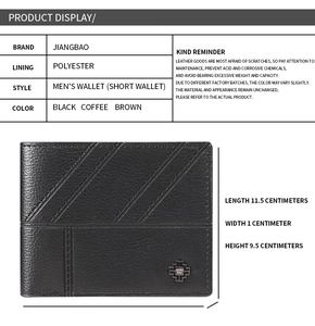Detailed view of slim men's bi-fold wallet with dimensions 11.5cm by 9.5cm in black leather