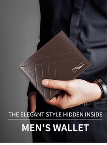 Brown lychee texture leather men's wallet featuring elegant diagonal stitching and metal logo