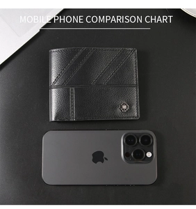 Slim bi-fold leather men wallet with metal logo next to a smartphone for size comparison
