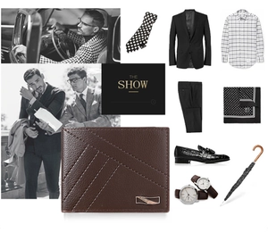 Brown men's leather wallet with geometric stitching and metal plaque on a business desk