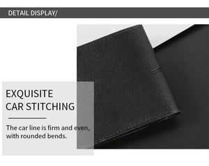 Detail showing exquisite car stitching on black lychee pattern leather wallet