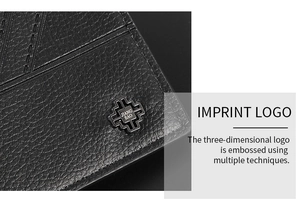 Macro shot of three-dimensional embossed JIANG BAO logo on black lychee grain leather wallet