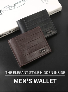 Detail view of lychee grain leather wallets with horizontal stitching and metal logo plate