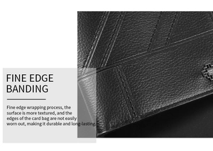 Detail of black pebbled leather wallet with fine edge stitching and metal cross emblem