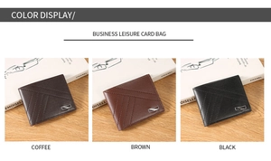 Three bifold wallets in coffee, brown, and black lychee grain leather on a wooden table