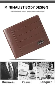 Detail view of dark brown men's bifold wallet with horizontal stitching and metal logo tag