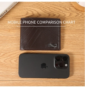 Brown litchi grain leather wallet size comparison with a smartphone on wood table