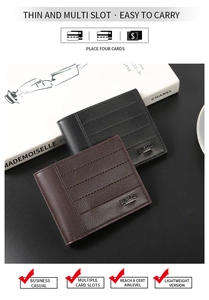 Slim men's business wallet in black and brown lychee grain leather with multiple card slots