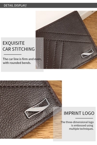 Close-up of litchi grain dark brown leather wallet with metallic logo and neat stitching