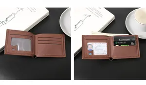 Detail of slim brown leather wallet showing card slots and transparent ID window