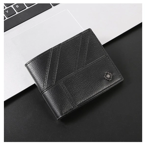 Close-up of black men's wallet featuring litchi texture leather and cross-star metal logo